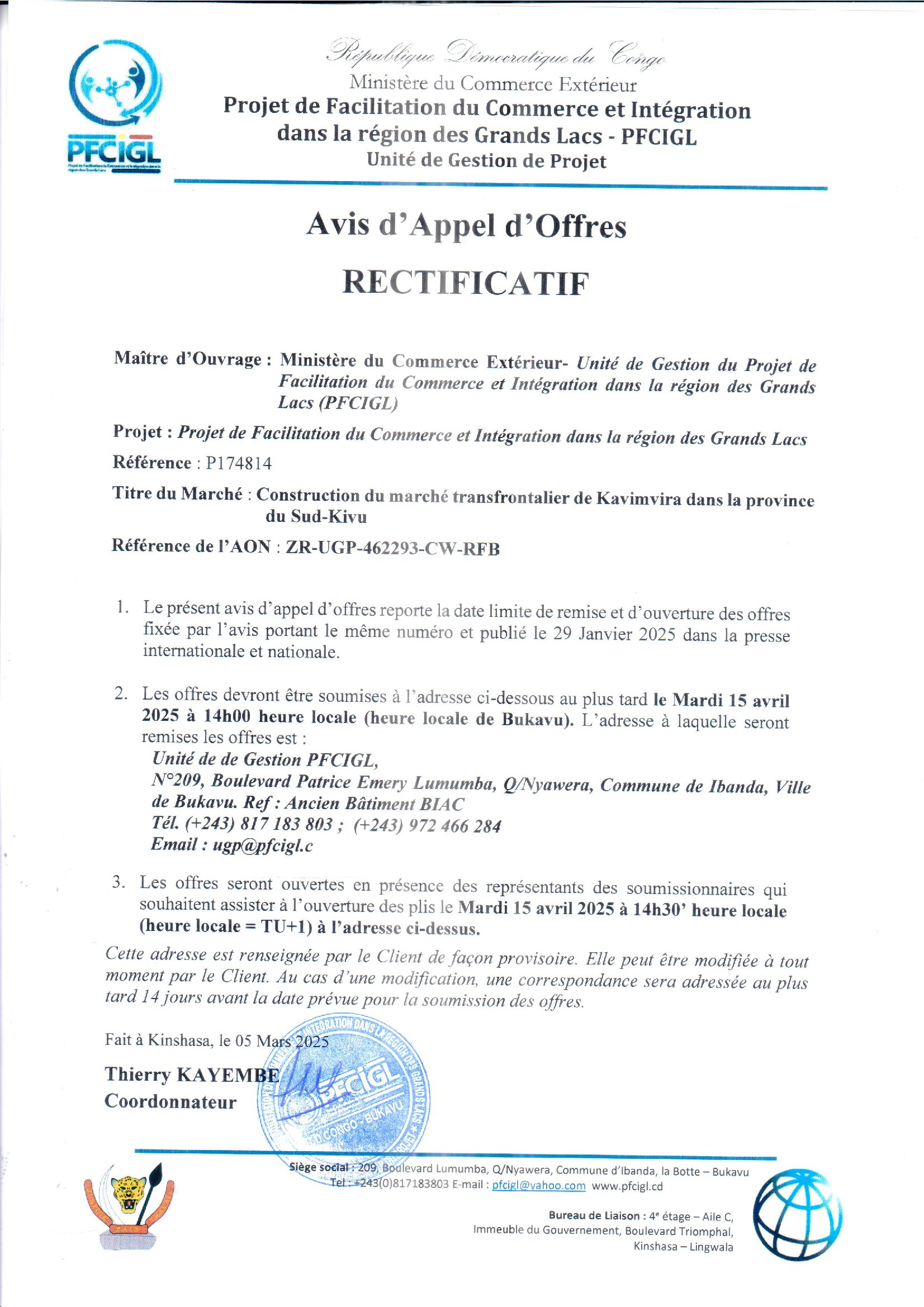 Construction du marché transfrontalier de Kavimvira dans la province du Sud-Kivu (Rectificatif)