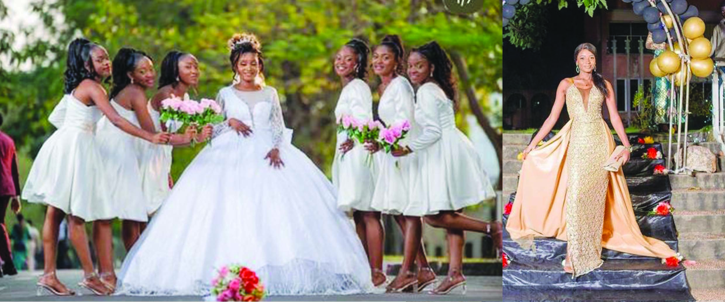 A gauche, la mariée et les démoiselles d'honneur habillées par OMAK Couture. Adroite, la mariée dans la robe de soirée